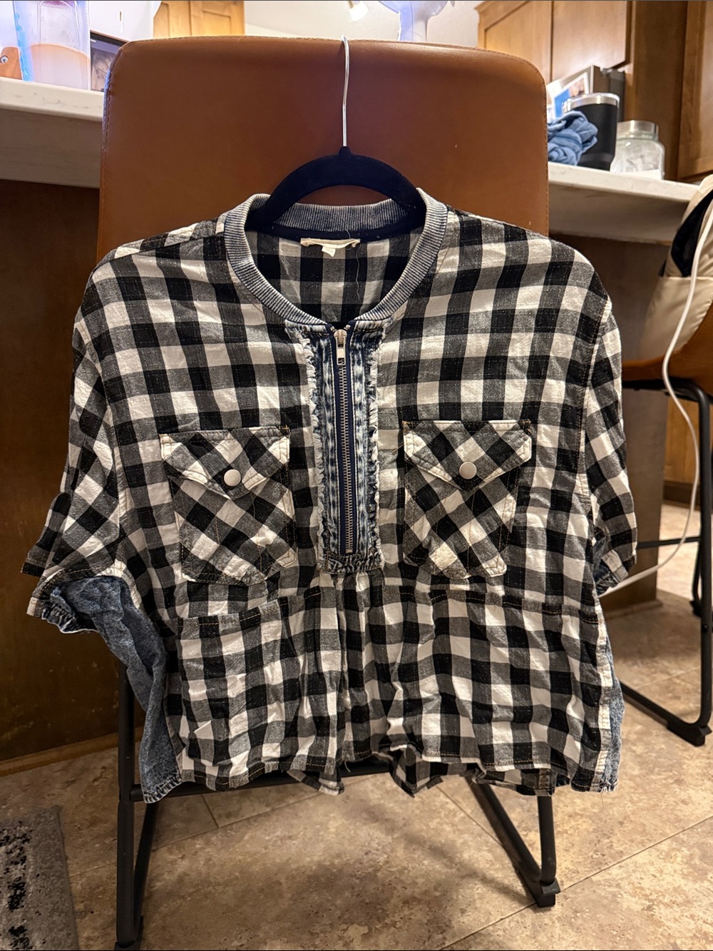 Promesa Black and White Plaid Zip Front Blouse